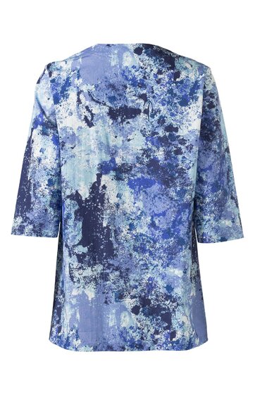 Damenbluse in Blautönen mit abstraktem Muster, locker geschnitten, 3/4-Ärmel, rundhalsausschnitt, lange Rückenansicht