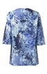 Damenbluse in Blautönen mit abstraktem Muster, locker geschnitten, 3/4-Ärmel, rundhalsausschnitt, lange Rückenansicht