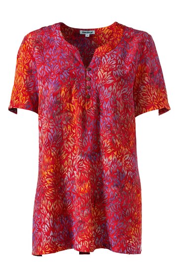 Damenbluse, rot mit orangefarbenem Blattmuster, kurze Ärmel, V-Ausschnitt mit Schlitz, gerade geschnitten