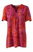 Damenbluse, rot mit orangefarbenem Blattmuster, kurze Ärmel, V-Ausschnitt mit Schlitz, gerade geschnitten