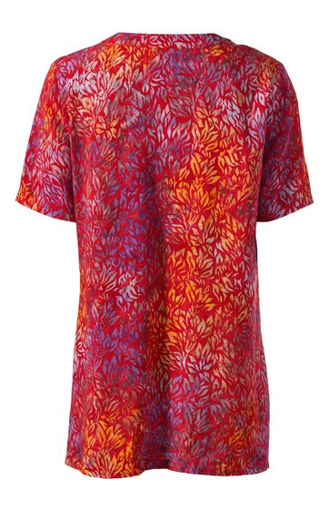 Kurzärmliges Damenoberteil in Rot mit orangefarbenem und violettem Blättermuster, Rundhalsausschnitt, gerade geschnitten