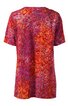 Kurzärmliges Damenoberteil in Rot mit orangefarbenem und violettem Blättermuster, Rundhalsausschnitt, gerade geschnitten