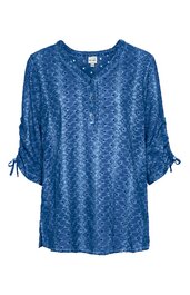 Bluse in Königsblau mit floralem Muster, V-Ausschnitt, durchgehende Knopfleiste, 3/4-Ärmel mit Zugbändern, lockere Passform