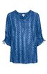 Bluse in Königsblau mit floralem Muster, V-Ausschnitt, durchgehende Knopfleiste, 3/4-Ärmel mit Zugbändern, lockere Passform