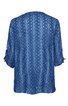 Blaues Damenblusenshirt mit floralem Lochmuster, halblange Ärmel mit Bindeband, gerade geschnitten, ohne sichtbaren Kragen