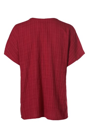 Rotes T-Shirt ohne Muster, kurzer Ärmel, rundhalsausschnitt, gerader Schnitt, ohne sichtbare Verzierungen oder Logos, Rückansicht