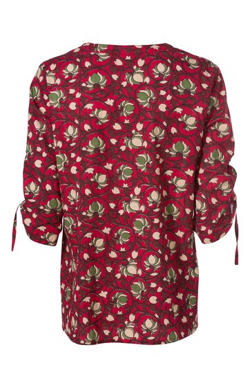Rotes Damenoberteil mit floralem Muster in Weiß und Grün, Rundhalsausschnitt, 3/4-ärmel mit Krempelmanschetten und Bindebändern, lockere Passform
