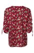 Rotes Damenoberteil mit floralem Muster in Weiß und Grün, Rundhalsausschnitt, 3/4-ärmel mit Krempelmanschetten und Bindebändern, lockere Passform