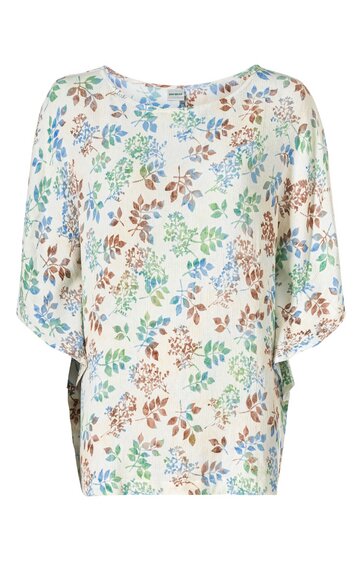 Damenbluse in Weiß mit floralem Muster in Blau, Grün und Braun, rundem Ausschnitt, dreiviertellange weite Ärmel, lockere gerade Form