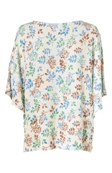 Weißes Kurzarmshirt mit buntem Blumenmuster in Blau, Grün, Braun, locker geschnitten, rundem Ausschnitt, glatte Oberfläche
