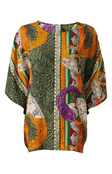 Locker geschnittene Bluse in Dunkelgrün, Orange, Weiß und Lila mit Paisley- und Barockmuster, Rundhalsausschnitt, kurze Fledermausärmel, gerade Form