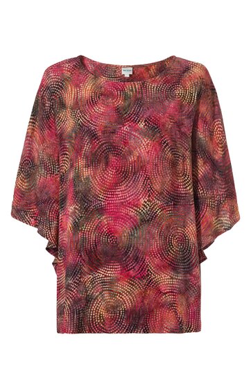 Langärmlige Bluse in Rot- und Brauntönen mit konzentrischen Kreis-Mustern, weiter Rundhalsausschnitt, locker fallende Ärmel, gerade geschnitten