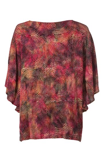 Locker geschnittene Damenbluse in Dunkelrot mit Braun und Orange, abstraktes Kreis- und Punktemuster, Rundhalsausschnitt, weite Ärmel, gerade geschnitten