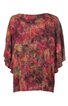 Locker geschnittene Damenbluse in Dunkelrot mit Braun und Orange, abstraktes Kreis- und Punktemuster, Rundhalsausschnitt, weite Ärmel, gerade geschnitten