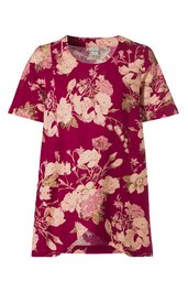 Kurzärmeliges T-Shirt in dunklem fuchsia mit beigem Blumenmuster, Rundhalsausschnitt, gerade geschnitten