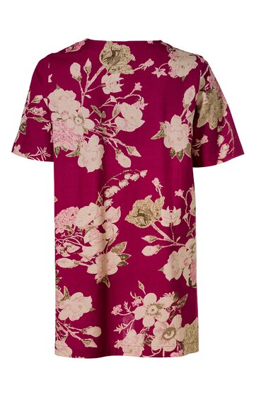 Rotes Kurzarmkleid mit beige-rosa Blumenmuster, Rundhalsausschnitt, gerade geschnitten, knielang