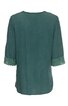 Damenoberteil in dunklem petrolgrün, unifarben, halblange Ärmel mit Spitzenborte am Saum, Rundhalsausschnitt, locker fallende Form