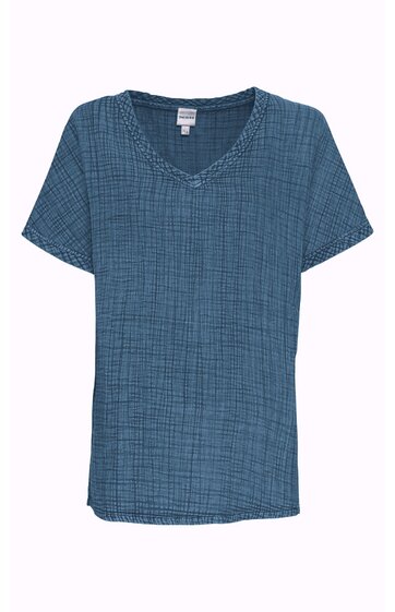 Blaues T-Shirt mit quadratischem Karomuster, V-Ausschnitt, kurze Ärmel, gerade geschnitten