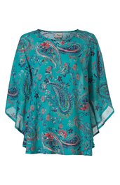 Tunika, türkis mit Paisley-Muster in Blau, Rot, Weiß, Rundhalsausschnitt, weite, asymmetrische Ärmel, lockere Passform