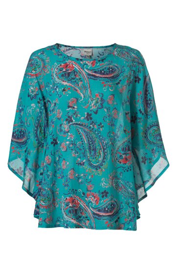 Tunika, türkis mit Paisley-Muster in Blau, Rot, Weiß, Rundhalsausschnitt, weite, asymmetrische Ärmel, lockere Passform