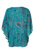 Türkisblaues Damenoberteil mit Paisley-Muster in Blau, Rot und Weiß, lockerer Schnitt, kurze Fledermausärmel, rundes Halsausschnitt, leicht transparent