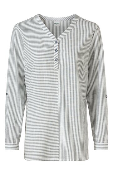 Hellgraues, langärmeliges Oberteil mit feinen weißen Streifen, asymmetrisches Streifenmuster, Rundhalsausschnitt mit kurzer Knopfleiste, Ärmelsaum mit Knopfverschluss für Umschlag, lockere Passform