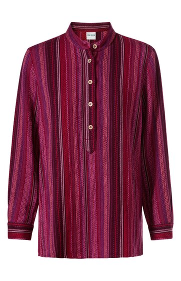 Langärmlige Bluse in Dunkelrot und Rosa, vertikale Streifen, Stehkragen, durchgehende Knopfleiste mit fünf Knöpfen, gerade geschnitten
