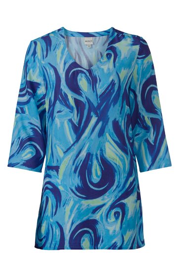 Blaues Damenkleid mit abstraktem, wellenförmigem Muster in Hell- und Dunkelblau, V-Ausschnitt, 3/4-Ärmel, gerade geschnitten