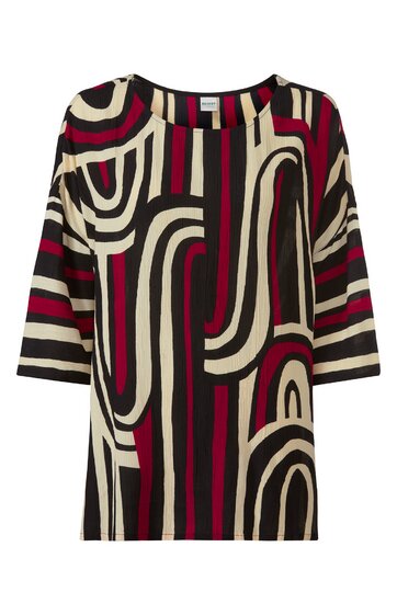Oberteil in Schwarz, Dunkelrot, Beige mit abstraktem Linienmuster, Rundhalsausschnitt, 3/4-Ärmel, lockere Form