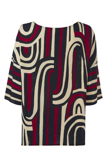 Shirt in Creme, Dunkelrot und Schwarz, abstraktes geometrisches Muster, Rundhalsausschnitt, halblange Ärmel, gerade geschnittener Saum