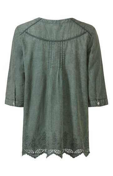 Dunkelgrüne Bluse mit 3/4-Ärmeln, Rundhalsausschnitt, Ziernähten auf der Rückseite, Spitze am Saum, Knopfmanschetten, lockere Passform