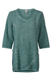 Damenpullover in grünblau, fein strukturierte Oberfläche, V-Ausschnitt, 3/4 lange Ärmel, gerader Schnitt