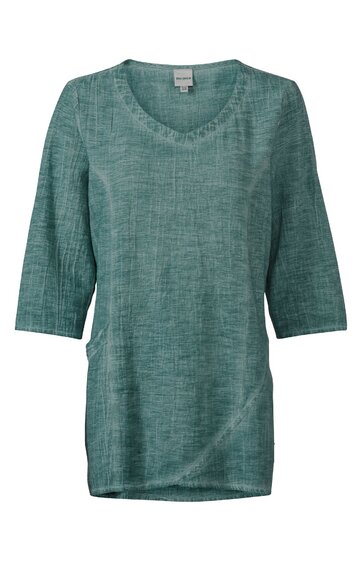 Damenpullover in grünblau, fein strukturierte Oberfläche, V-Ausschnitt, 3/4 lange Ärmel, gerader Schnitt