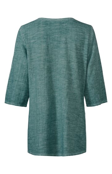 Damenoberteil in gedämpftem grün, unifarben, Rundhalsausschnitt, halblange Ärmel, gerade geschnitten