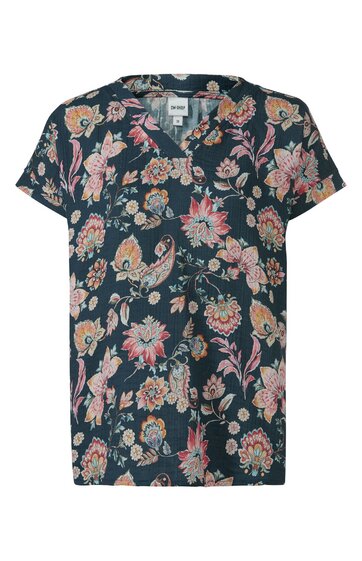 Dunkelblaue Bluse mit floralem Muster in Rosa, Beige und Hellgrün, V-Ausschnitt, kurze Ärmel, lockere Passform