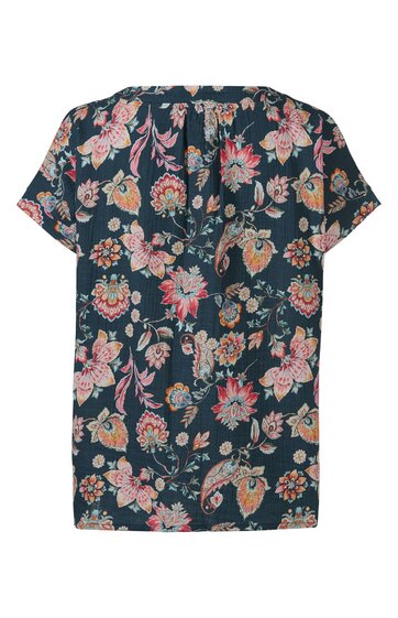 Dunkelblaues Kurzarmshirt mit buntem Blumenmuster in Rosa, Orange und Beige, V-Ausschnitt, lockere Passform, Knopfleiste am Kragen
