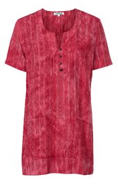 Rotes kurzärmliges Shirt mit dunklem Streifenmuster, Rundhals Ausschnitt mit Knopfleiste, gerade geschnitten, keine sichtbaren Taschen
