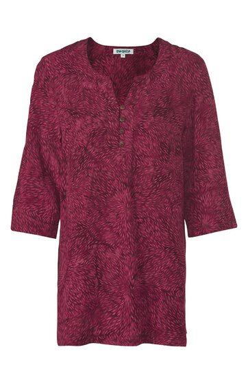 Rotes, halbtransparentes Damenoberteil mit floralem Muster, V-Ausschnitt mit kleiner Knopfleiste, 3/4-Ärmel, gerade geschnitten