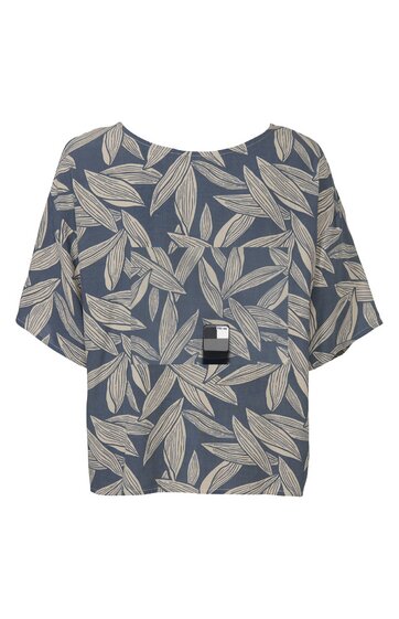 Damenbluse in dunkelblau mit beigem Blättermuster, Rundhalsausschnitt, kurze weite Ärmel, gerade geschnitten