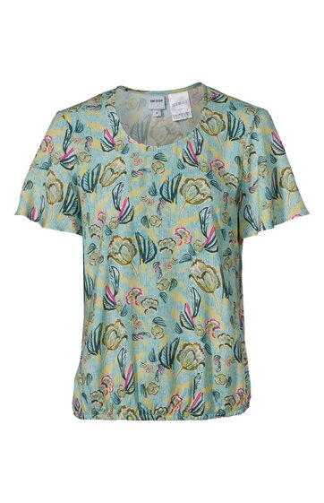 Kurzärmeliges Damenoberteil, hellgrün mit buntem Muschelmuster in Gelb, Blau, Pink und Schwarz, Rundhalsausschnitt, gerade geschnitten