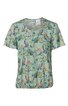Kurzärmeliges Damenoberteil, hellgrün mit buntem Muschelmuster in Gelb, Blau, Pink und Schwarz, Rundhalsausschnitt, gerade geschnitten