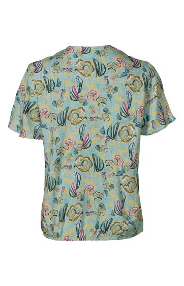 Kurzärmlige Bluse in salbeigrün mit abstraktem Muster in Gelb, Rosa und Dunkelblau, Rundhalsausschnitt, gerade Form, Rückansicht