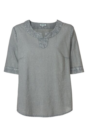 Grau meliertes Kurzarmshirt, rundhalsausschnitt mit kurzem V-Einsatz, Applikationen am Ausschnitt und Ärmelenden, gerade geschnitten