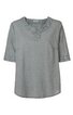 Grau meliertes Kurzarmshirt, rundhalsausschnitt mit kurzem V-Einsatz, Applikationen am Ausschnitt und Ärmelenden, gerade geschnitten
