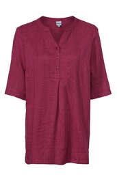 Dunkelrote Bluse ohne Muster, halblange Ärmel, V-Ausschnitt mit Knopfleiste, lockere Passform, gerade Saumkante