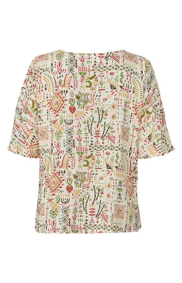 Kurzärmlige Bluse in Creme mit buntem abstraktem Muster, Rundhalsausschnitt, lockere Passform, Brusttasche auf der linken Seite