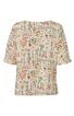 Kurzärmlige Bluse in Creme mit buntem abstraktem Muster, Rundhalsausschnitt, lockere Passform, Brusttasche auf der linken Seite