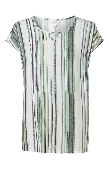Weiß-grünes T-Shirt mit vertikalen Streifen in unterschiedlichen Grüntönen und Grau, rundem Ausschnitt, kurzen Ärmeln mit Umschlag, gerade geschnitten