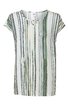 Weiß-grünes T-Shirt mit vertikalen Streifen in unterschiedlichen Grüntönen und Grau, rundem Ausschnitt, kurzen Ärmeln mit Umschlag, gerade geschnitten