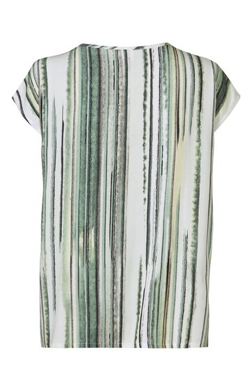 T-Shirt für Damen in Weiß mit vertikalen, unregelmäßigen Streifen in verschiedenen Grüntönen, kurzärmelig, Rundhalsausschnitt, lockere Passform
